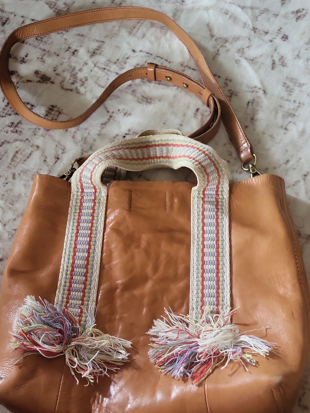 Women’s Tan Leather Shoulder Bag with Multicolor Woven Handles